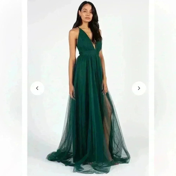 Luxxel Sandy Tulle Emerald Green Low-V-Neck Long Dress with Double Slits SZ SM - Picture 2 of 14